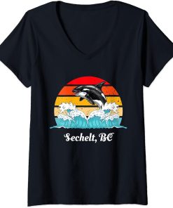 Womens Vintage Sechelt BC Distressed Orca Killer Whale Art V-Neck T-Shirt