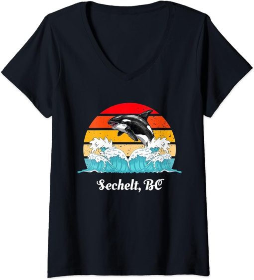 Womens Vintage Sechelt BC Distressed Orca Killer Whale Art V-Neck T-Shirt