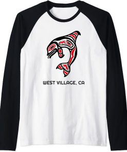 West Village, California Native American Orca Killer Whale Raglan Baseball Tee