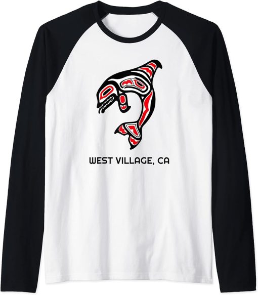 West Village, California Native American Orca Killer Whale Raglan Baseball Tee